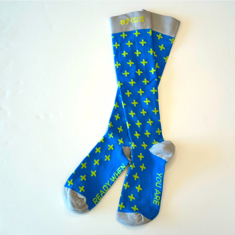 FIGS New READY WHEN YOU ARE Compression Socks Small Aqua Blue Yellow Grey